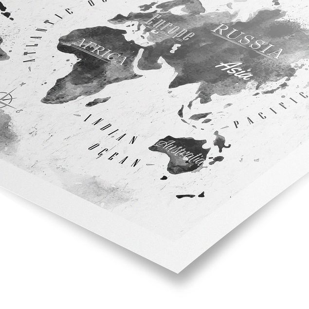 Czarno białe plakaty Mapa świata akwarela czarna