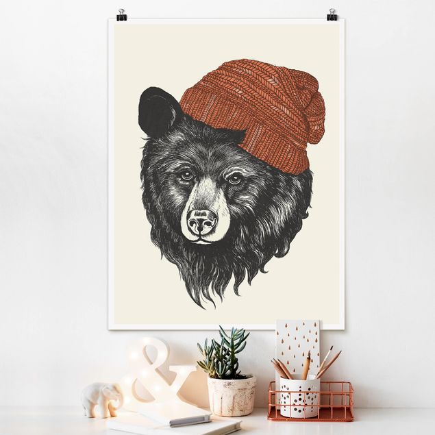 Plakat - Ilustracja Niedźwiedź z czerwoną czapką Rysunek