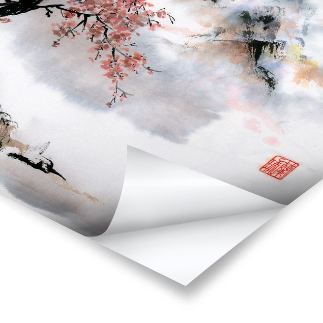 Obrazy retro Japońska akwarela Drzewo wiśniowe i góry
