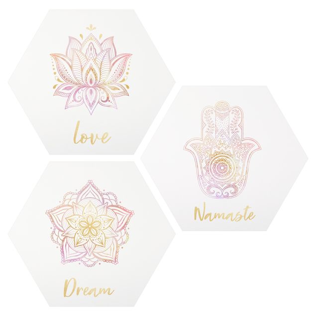 Obraz heksagonalny z Alu-Dibond 3-częściowy - Mandala Namaste Lotus Set złoty różowy