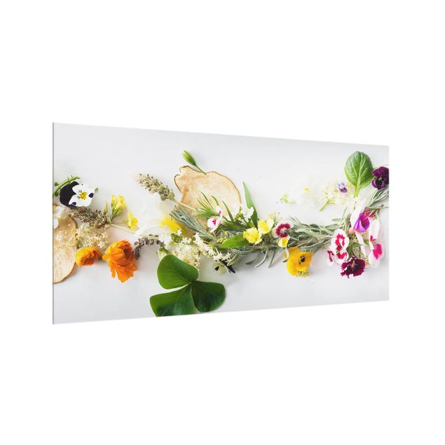 Panel szklany do kuchni - Świeże zioła z jadalnymi kwiatami
