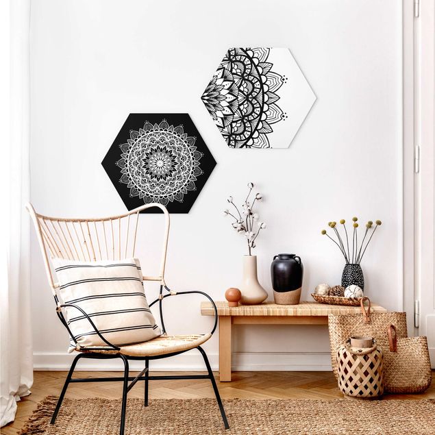 Obraz heksagonalny z Forex 2-częściowy - Mandala Ilustracja shabby Zestaw czarno-biały