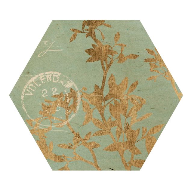 Obraz heksagonalny z drewna - Złote liście na turkusie II