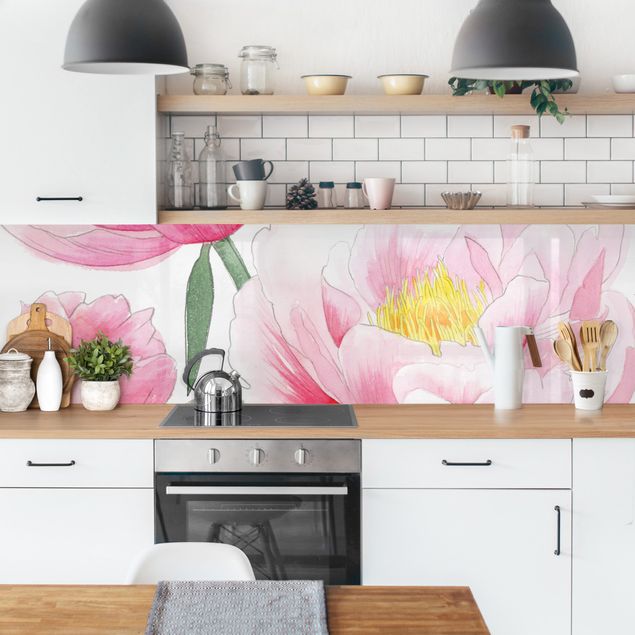 Panele szklane do kuchni Rysowanie różowych peonii I