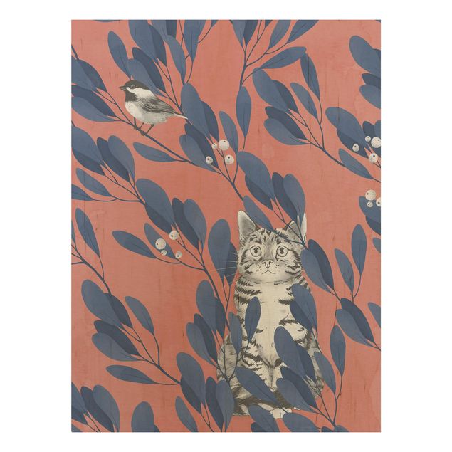 Obrazy Ilustracja przedstawiająca kota i ptaka na gałęzi Niebieskoczerwony