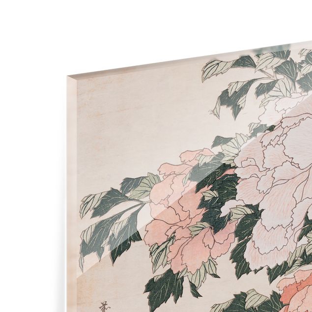 Panel szklany do kuchni - Katsushika Hokusai - Różowe piwonie z motylem