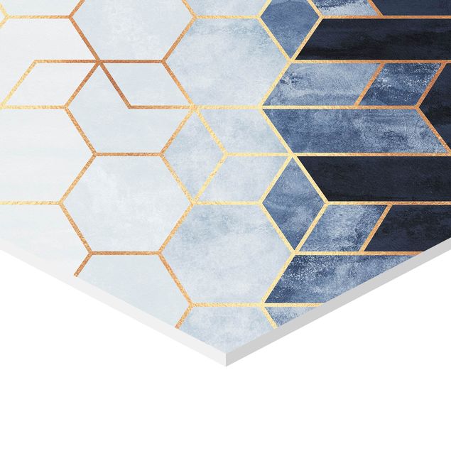 Obraz heksagonalny z Forex 3-częściowy - Zestaw sześciokątów w kolorze niebiesko-biało-złotym