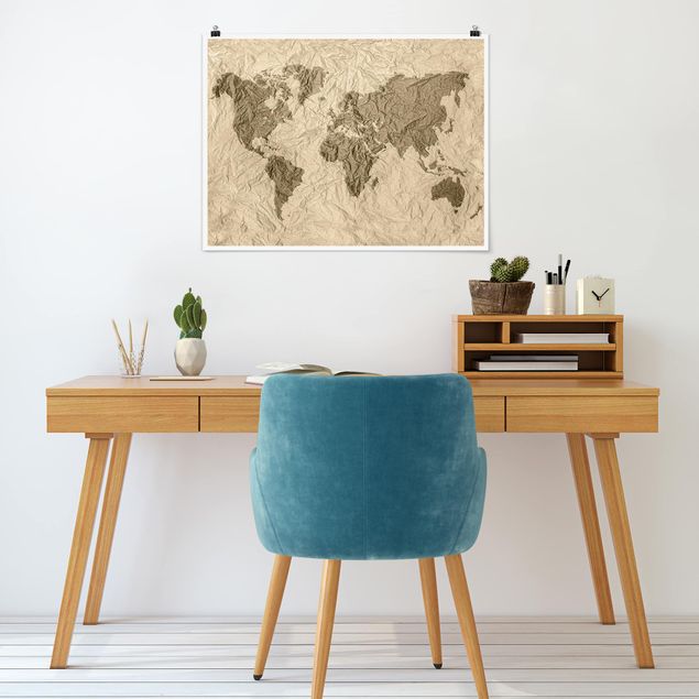 Nowoczesne obrazy Papierowa mapa świata beżowo-brązowa