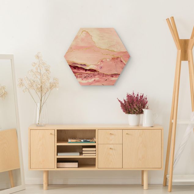 Obrazy do salonu nowoczesne Abstrakcyjne góry różowe ze złotymi liniami