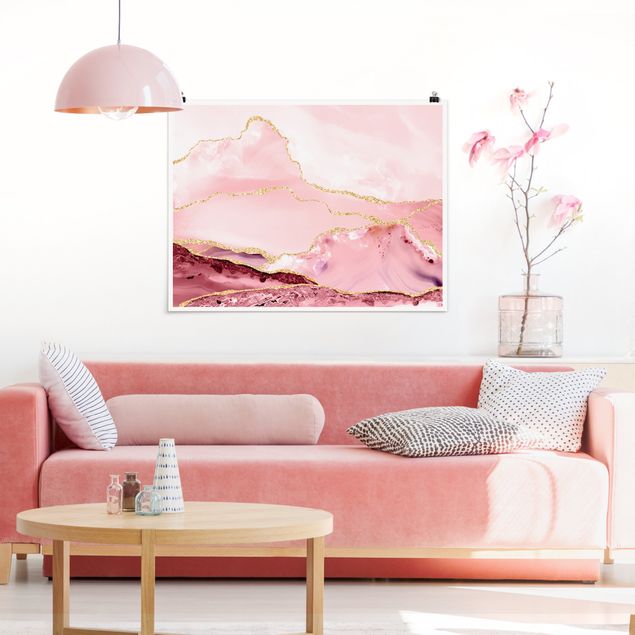 Obrazy do salonu nowoczesne Abstrakcyjne góry w kolorze różowym ze złotymi liniami