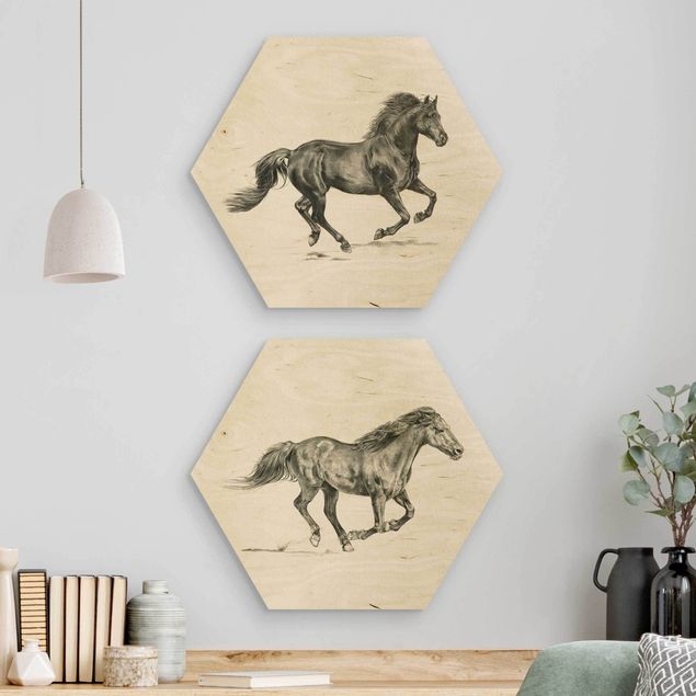 Obraz heksagonalny z drewna 2-częściowy - Zestaw do badania dzikich koni I