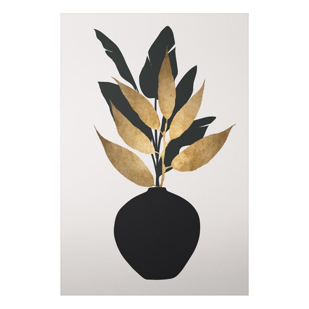 Obrazy do salonu nowoczesne Graficzny świat roślin - złoto i czerń