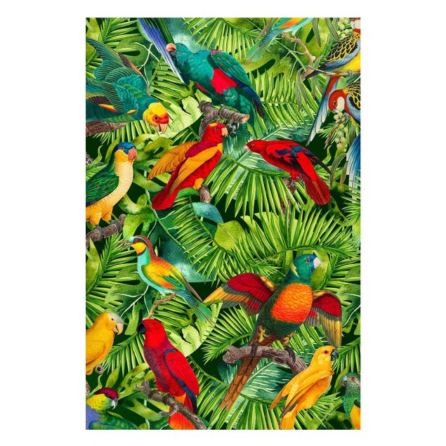 Nowoczesne obrazy do salonu Kolorowy kolaż - Papugi w dżungli