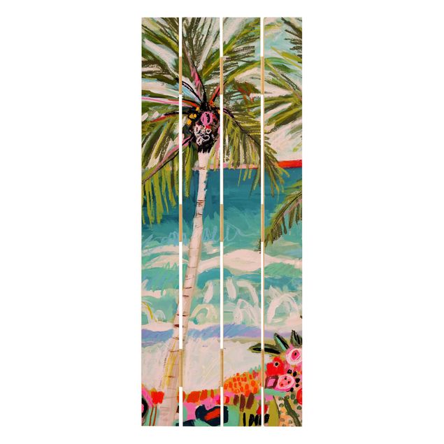 Obraz z drewna - Drzewo palmowe z różowymi kwiatami I