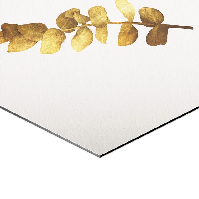 Obraz heksagonalny z Alu-Dibond 3-częściowy - Złoto - Zestaw tropikalnych liści I