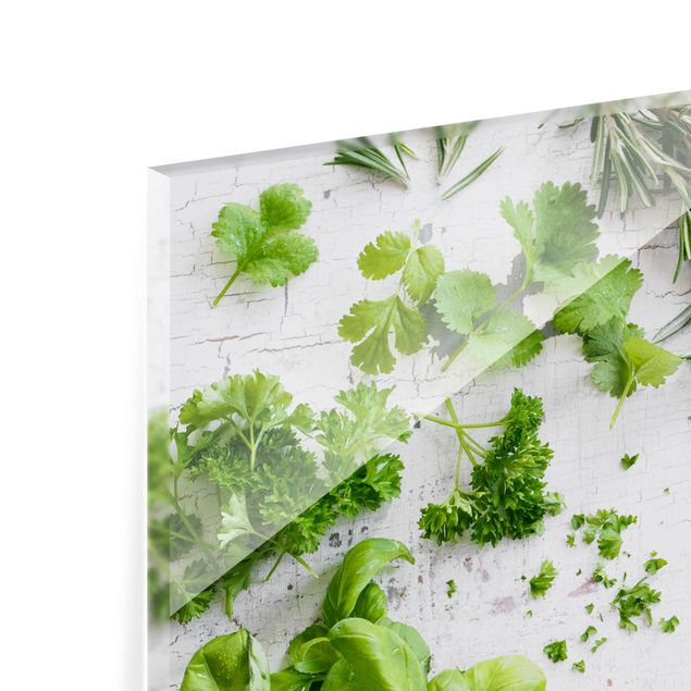 Panel szklany do kuchni - Herbs on Wood Shabby