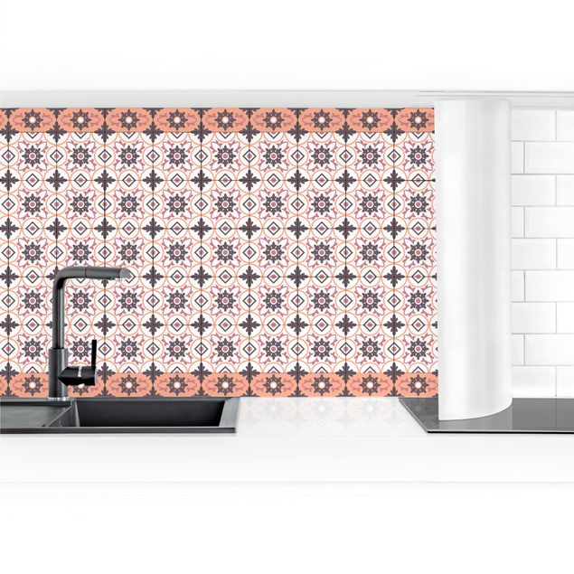 Panel ścienny do kuchni - Płytka geometryczna Mix kwiatów Pomarańczowy