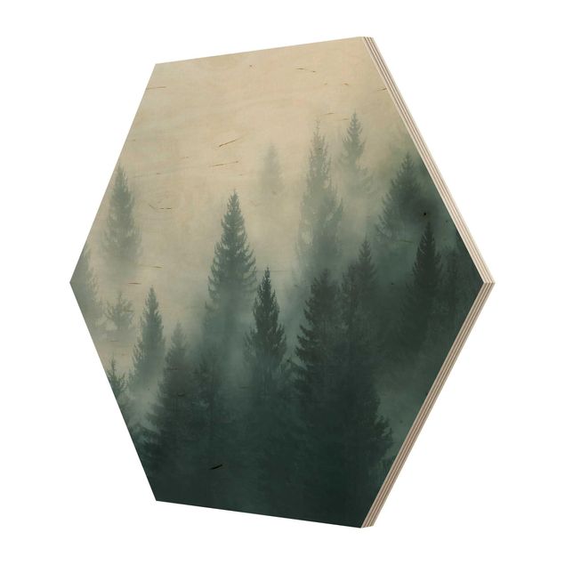 Obraz heksagonalny z drewna - Las iglasty we mgle