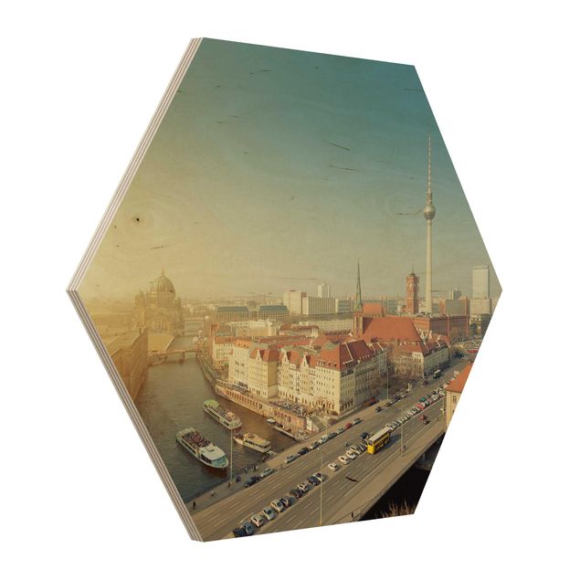 Obraz heksagonalny z drewna - Berlin o poranku