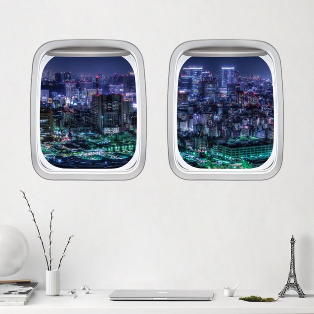 Naklejki na ścianę metropolia Samolot z podwójnym oknem Tokio nocą