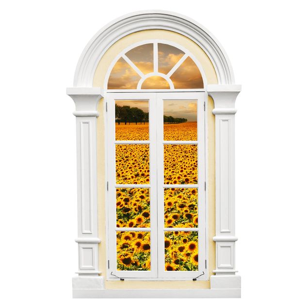 Naklejka na ścianę kwiaty Okno śródziemnomorskie Pole ze słonecznikami