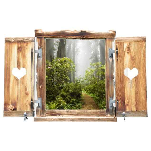 Naklejka na ścianę drzewo Okno z sercem Szlak mglistego lasu