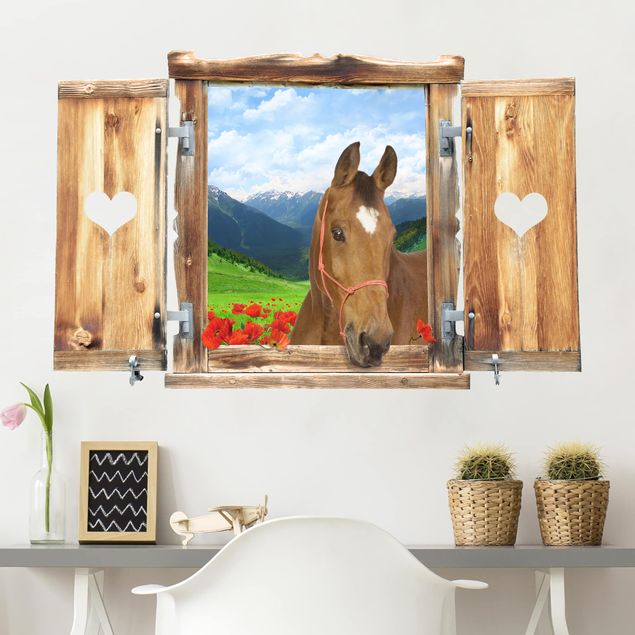 Naklejki na ścianę koń Okno z sercem i koniem Alpejska łąka