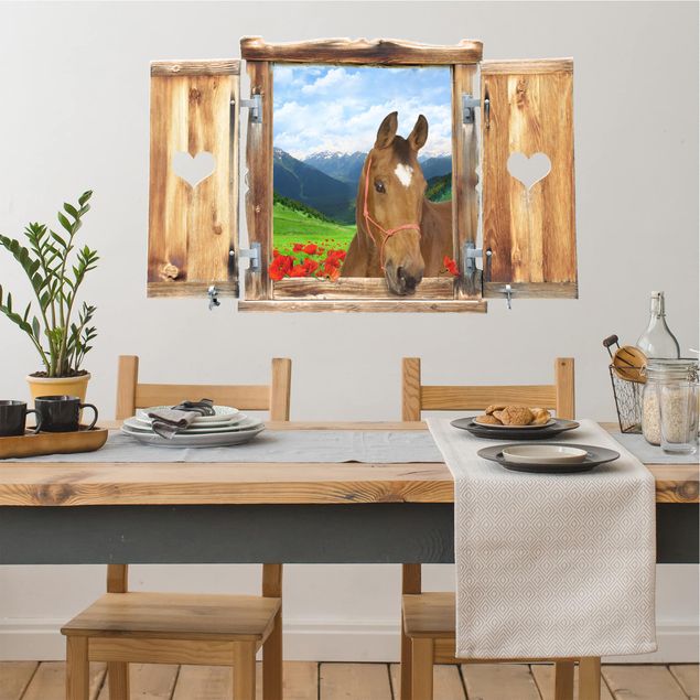 Dekoracja do kuchni Okno z sercem i koniem Alpejska łąka