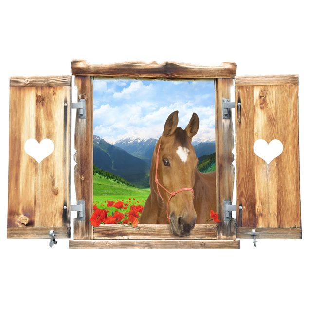 Naklejki na ścianę 3d Okno z sercem i koniem Alpejska łąka
