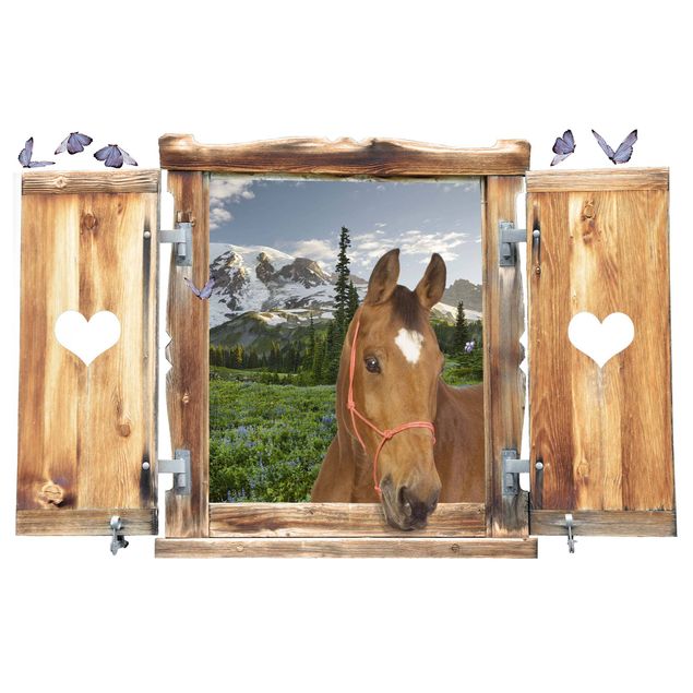 Naklejki na ścianę 3d Okno z sercem i koniem Widok na góry Ścieżka na łące
