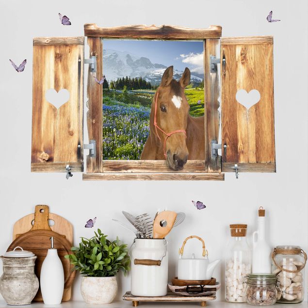 Naklejki na ścianę koń Okno z sercem i koniem Górska łąka z kwiatami