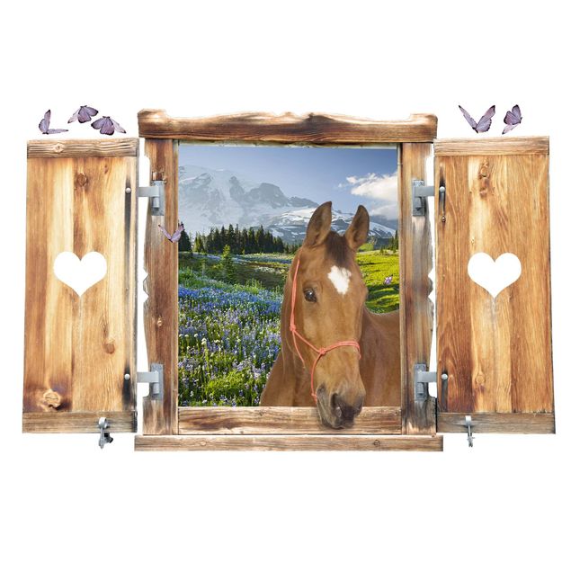 Naklejki na ścianę 3d Okno z sercem i koniem Górska łąka z kwiatami