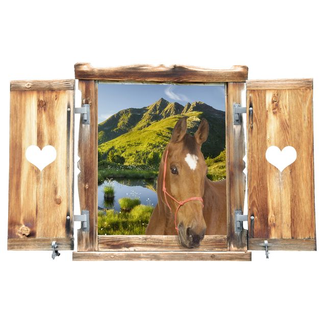 Naklejka na ścianę 3d Okno z sercem i koniem Widok na dolinę Defereggen