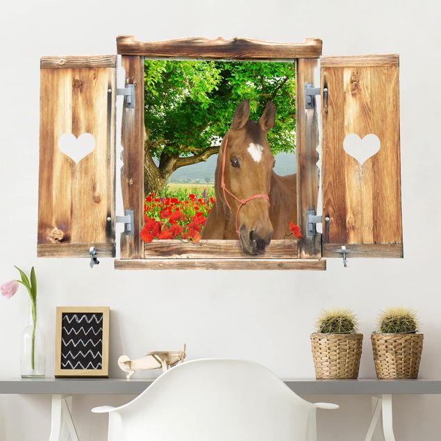 Naklejki na ścianę koń Okno z sercem i koniem Letnia łąka