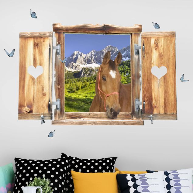 Naklejka na ścianę koń Okno z sercem i koniem Alpejska łąka w Styrii
