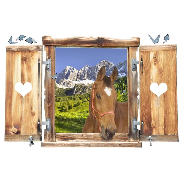 Naklejki ścienne 3d Okno z sercem i koniem Alpejska łąka w Styrii