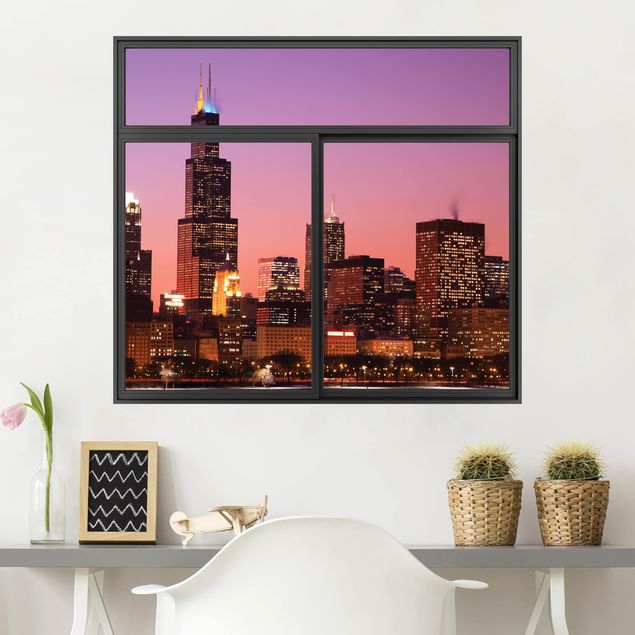 Naklejki na ścianę metropolia Czarne okno z panoramą Chicago