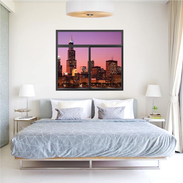 Naklejki na ścianę nazwy miast Czarne okno z panoramą Chicago