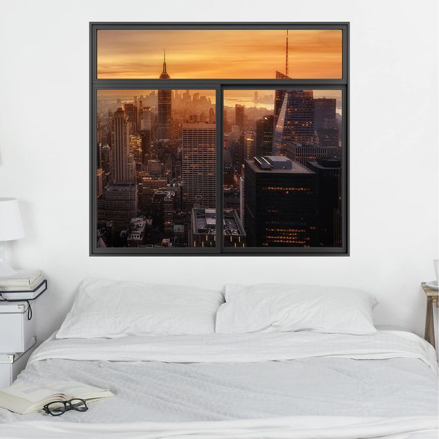 Naklejki na ścianę metropolia Okno czarne Manhattan Skyline Evening Mood