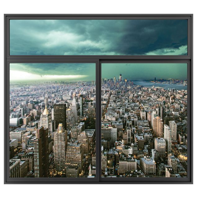 Dekoracja do kuchni Okno czarne panorama Nowego Jorku podczas burzy