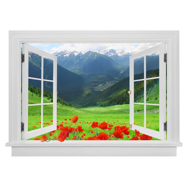 Naklejki kwiaty na ścianę Otwarte okno Alpejska łąka i maki