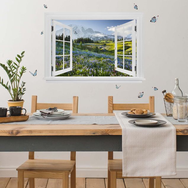Dekoracja do kuchni Otwarte okno Łąka górska z kwiatami na tle góry Rainier i motyli