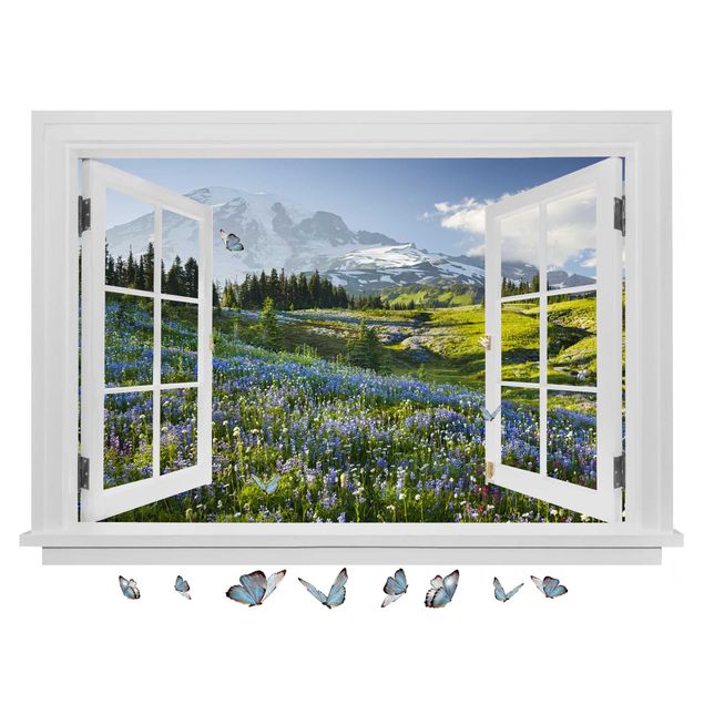 Naklejki ścienne 3d Otwarte okno Łąka górska z kwiatami na tle góry Rainier i motyli