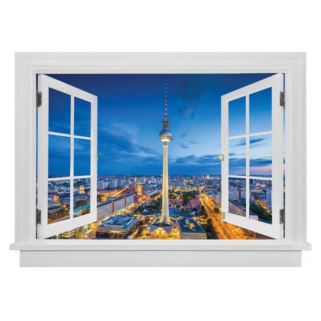 Dekoracja do kuchni Otwarte okno panorama Berlina w nocy z wieżą telewizyjną