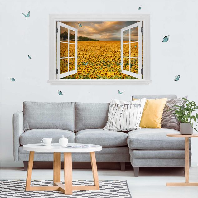 Naklejki na ścianę 3d Otwarte okno pole z kwiatami słonecznika