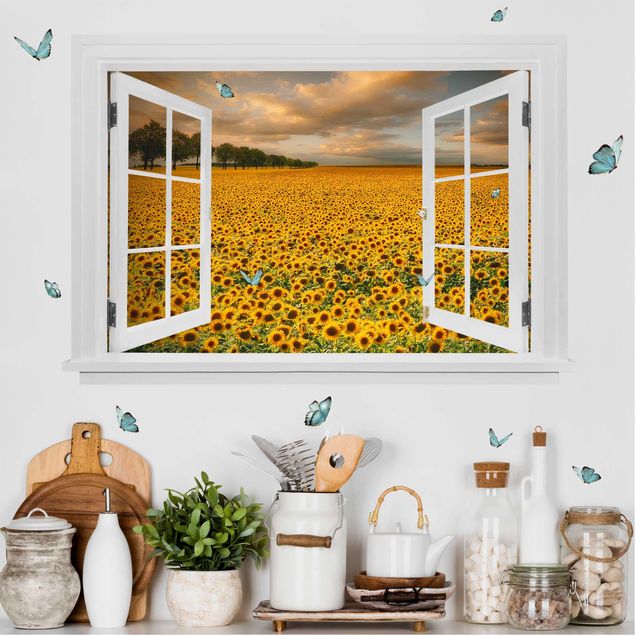 Dekoracja do kuchni Otwarte okno pole z kwiatami słonecznika