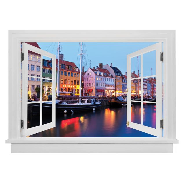 Dekoracja do kuchni Otwarte okno Kopenhaski port wieczorem