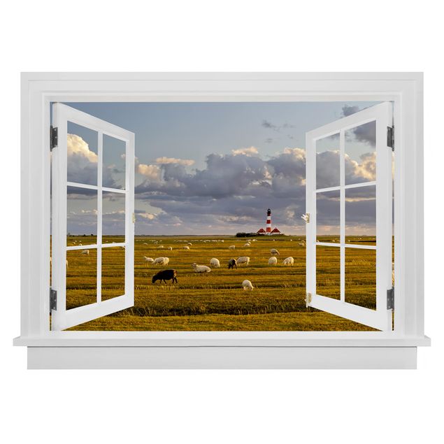 Naklejka na ścianę 3d Otwarte okno Latarnia morska na Morzu Północnym ze stadem owiec