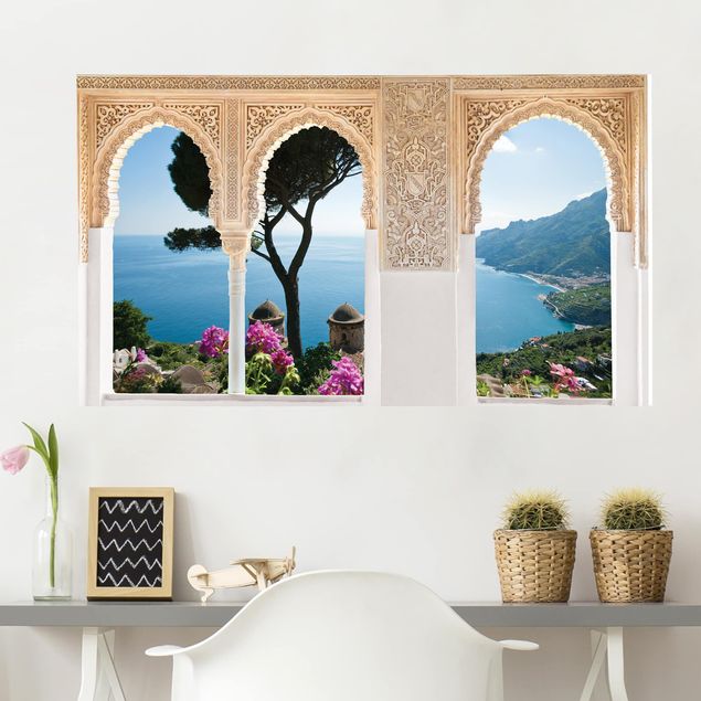 Naklejki na ścianę wyspa Ornatowe okno Widok na morze z ogrodu