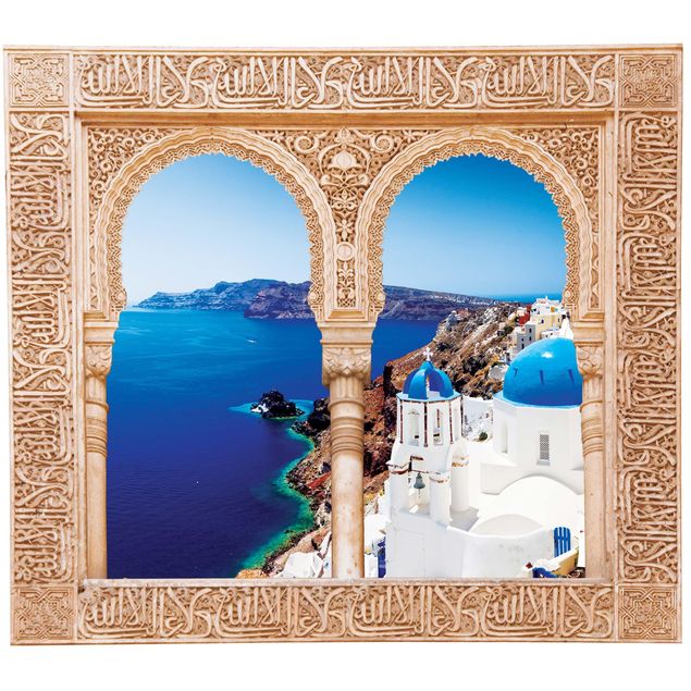 Naklejki na ścianę nazwy miast Ornatowe okno widok na Santorini